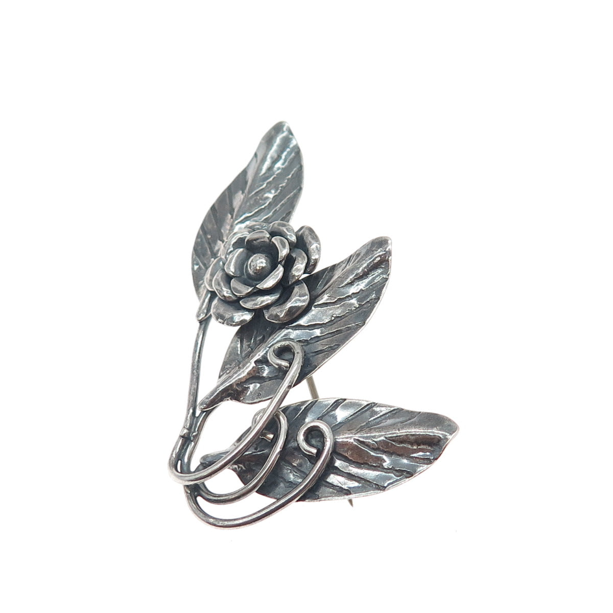 925 Sterling Silver Vintage Rose Flower Oxidized Pin Brooch