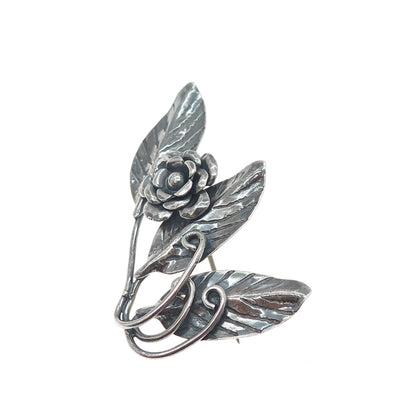 925 Sterling Silver Vintage Rose Flower Oxidized Pin Brooch
