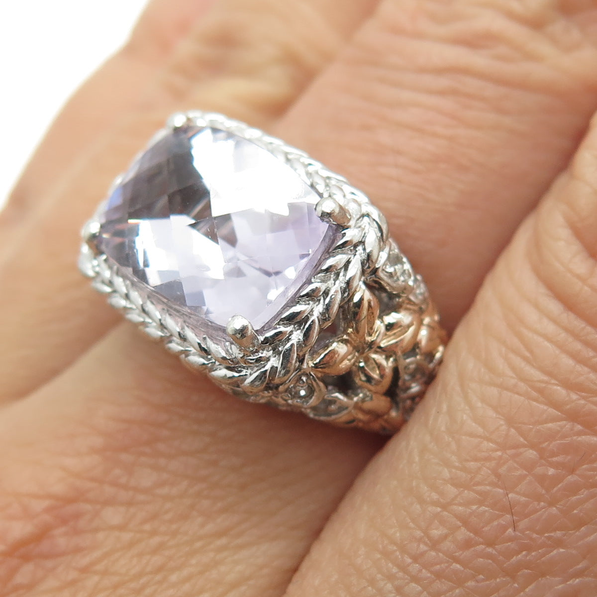 925 Sterling Silver 2-Tone Real Kunzite & White Topaz Butterfly Ring Size 7.25