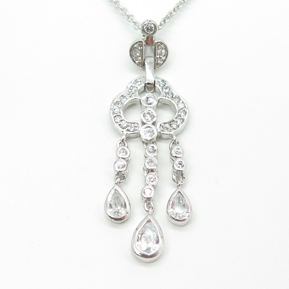 925 Sterling Silver Pear & Round-Cut C Z Chandelier Cable Chain Necklace 15"