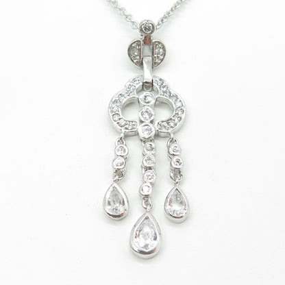 925 Sterling Silver Pear & Round-Cut C Z Chandelier Cable Chain Necklace 15"