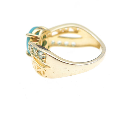 925 Sterling Gold Plated Sleeping Beauty Turquoise & Blue Topaz Ring Size 8.25