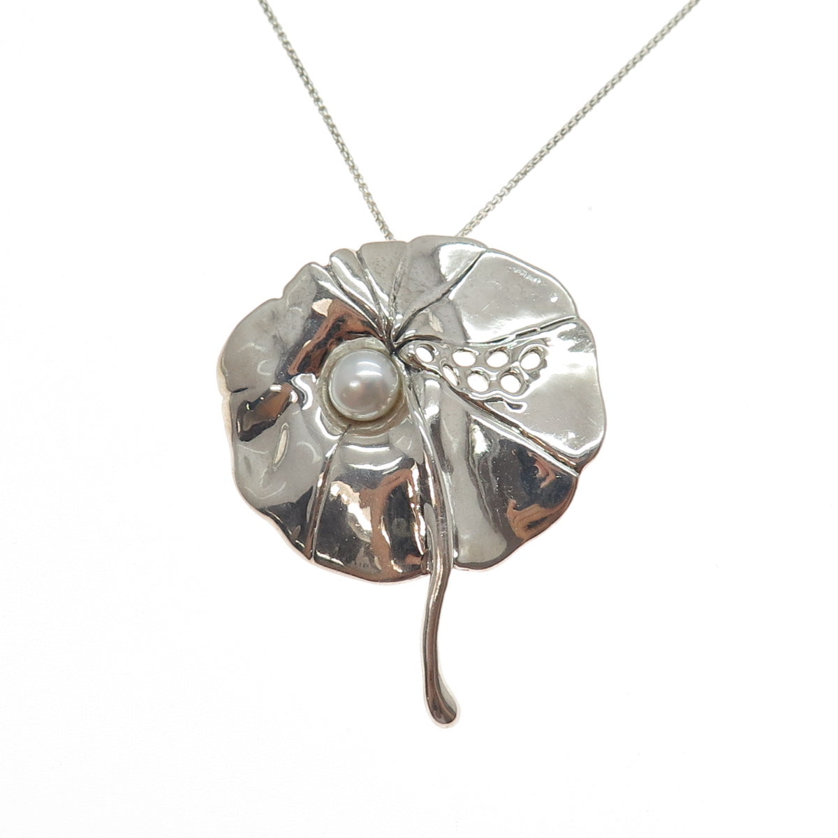 HAGIT GORALI Sterling Vintage Israel Real Pearl Floral Box Chain Necklace 28"