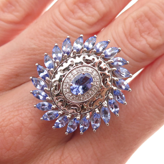 925 Sterling Silver Real Tanzanite & White Topaz Floral Ring Size 8.25