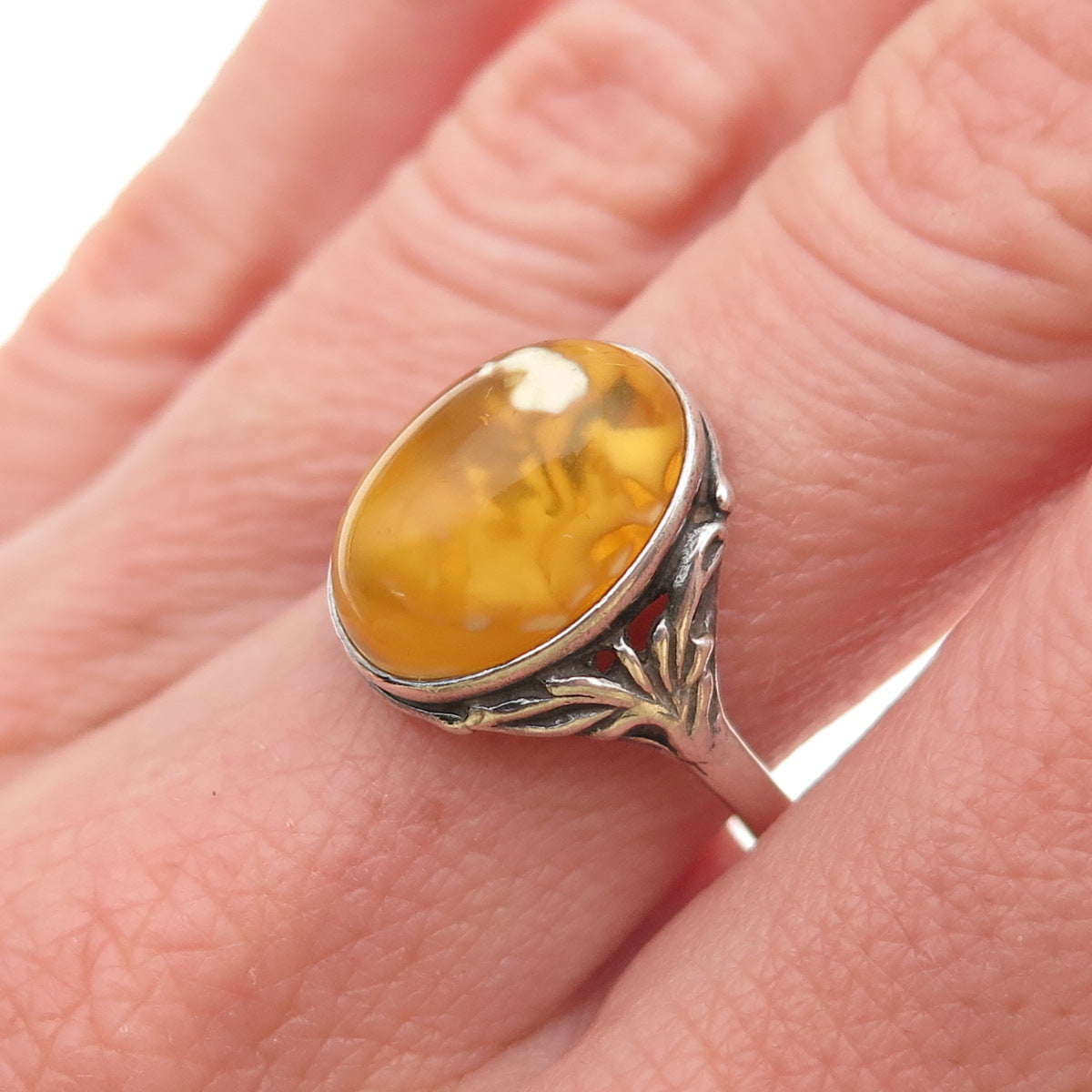 925 Sterling Silver Vintage Poland Real Butterscotch Amber Ring Size 7.75