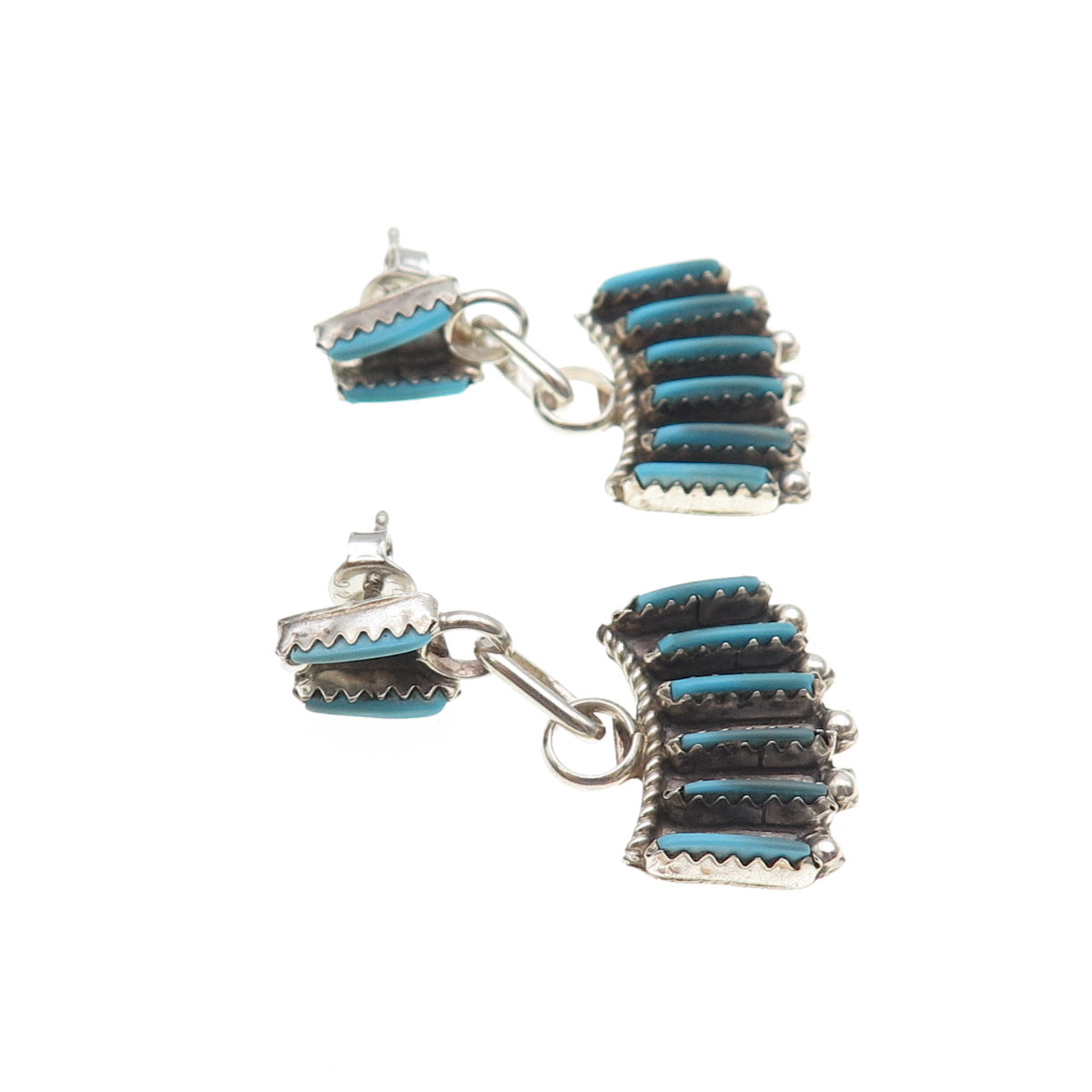 Old Pawn Sterling Silver Vintage Turquoise Needlepoint Tribal Dangle Earrings