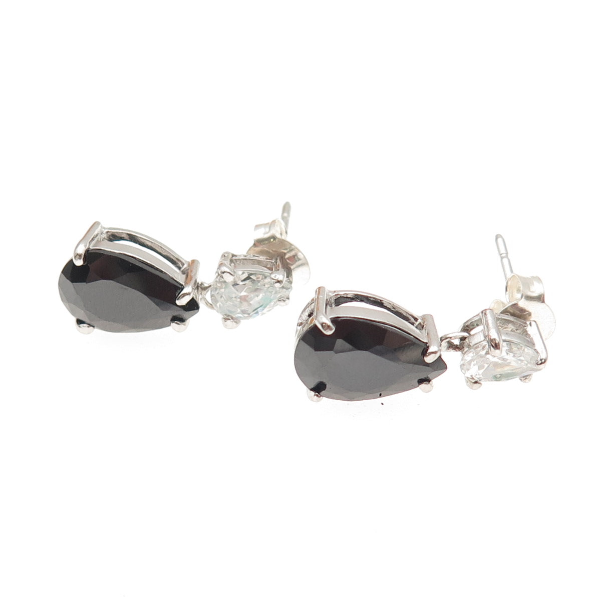 925 Sterling Silver Pear-Cut Black & White C Z Teardrop Dangle Earrings