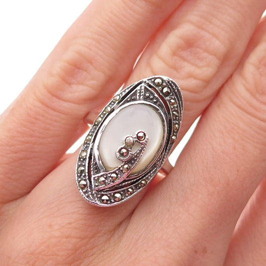 925 Sterling Silver Vintage Real MOP & Marcasite Oxidized Ring Size 6
