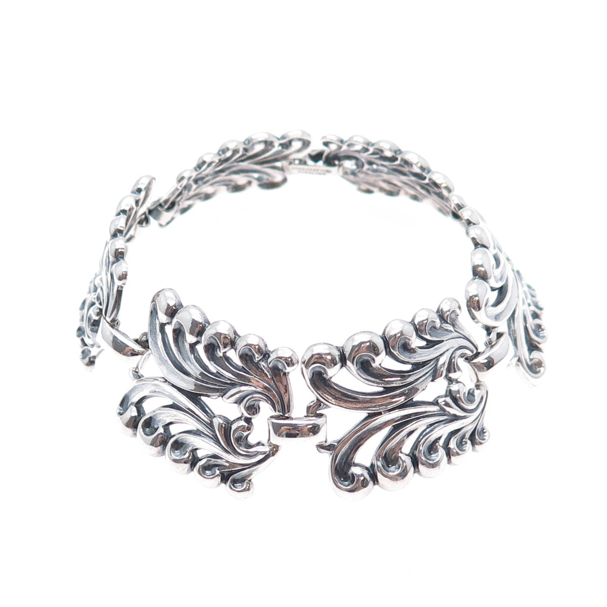 DANECRAFT 925 Sterling Silver Antique Floral Panel Link Oxidized Bracelet 7.75"