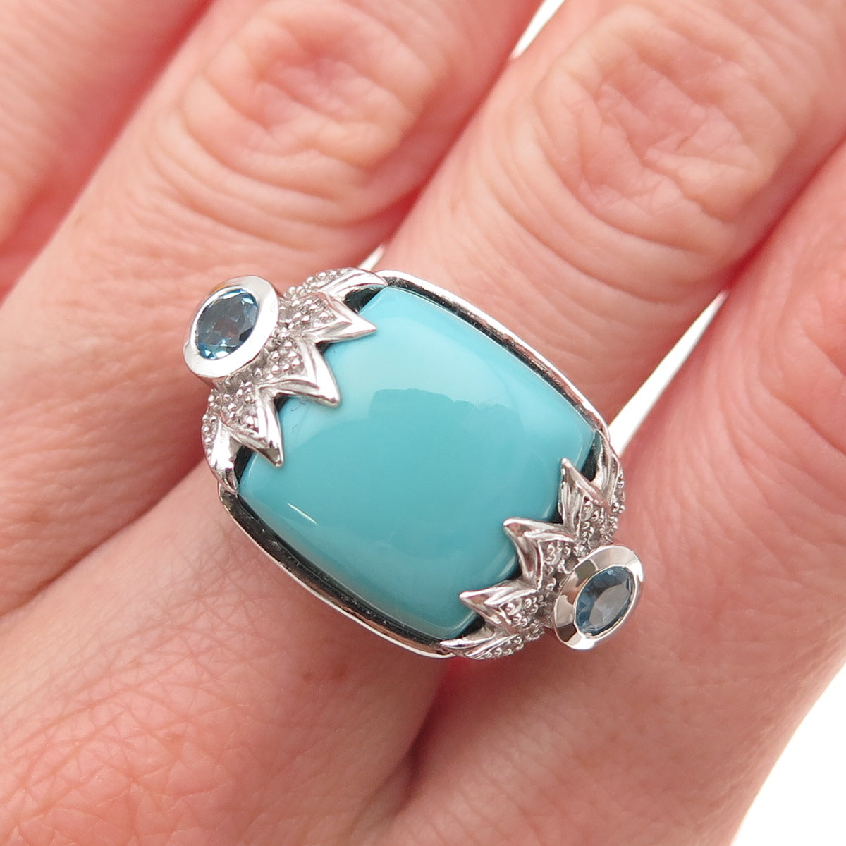 925 Sterling Silver Real Turquoise White & Blue Topaz Ring Size 8.25