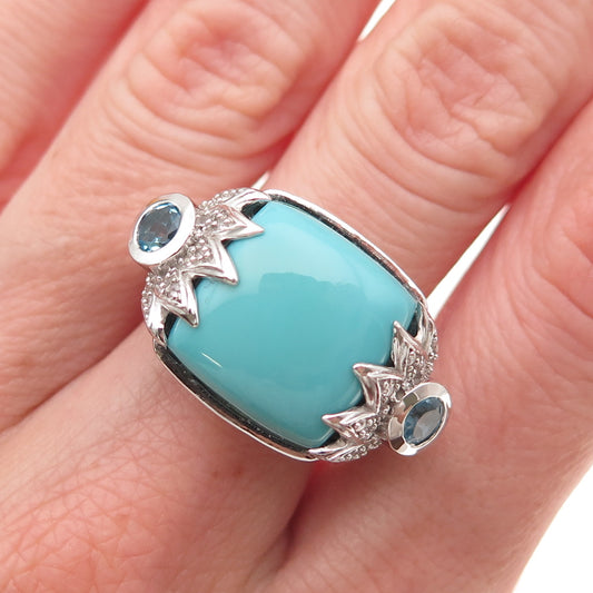 925 Sterling Silver Real Turquoise White & Blue Topaz Ring Size 8.25