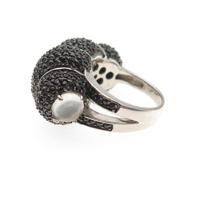 925 Sterling Silver Real Black Spinel & Moonstone Cocoon Ring Size 6.25
