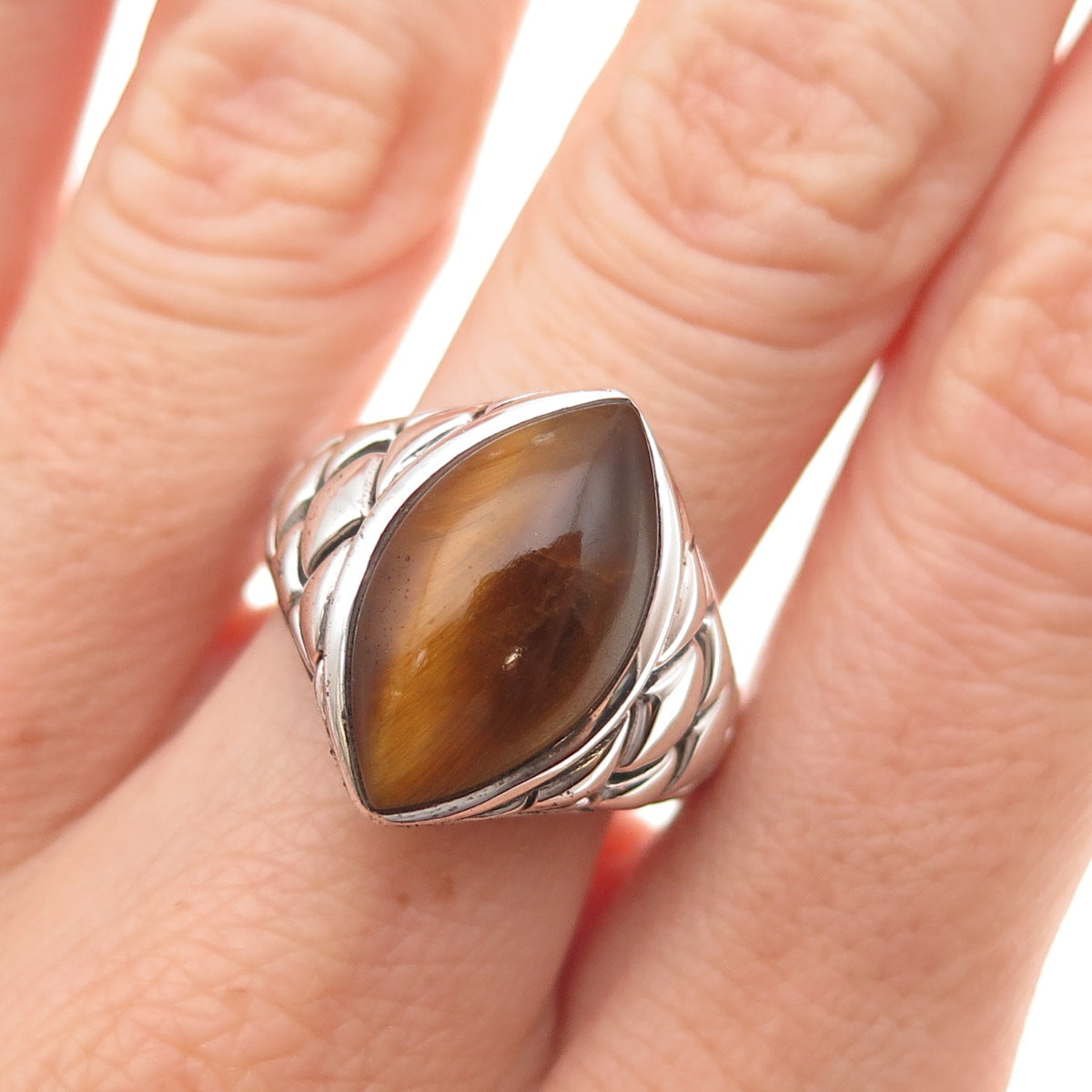 SX Sally C 925 Sterling Silver Vintage Real Tiger Eye Oxidized Ring Size 7