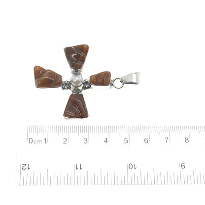 925 Sterling Vintage HOB Mexico Real Pearl & Faux Amber Modernist Cross Pendant