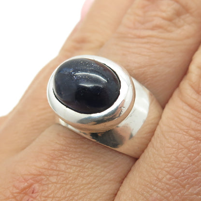 925 Sterling Silver Vintage Real Dark Blue Sapphire Gemstone Dome Ring Size 8