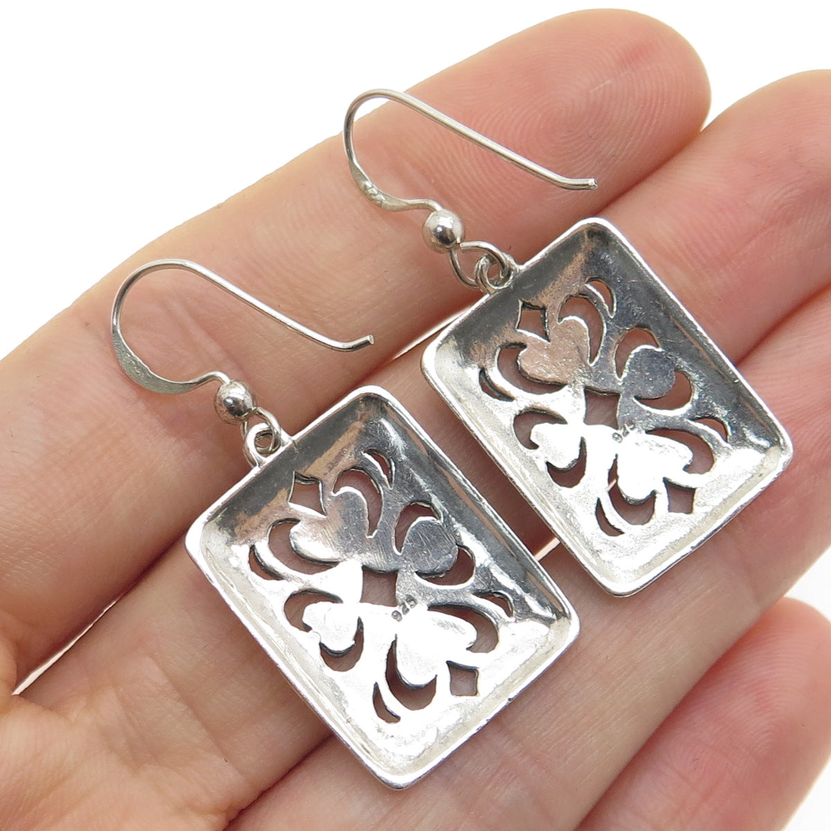 925 Sterling Silver Vintage Floral Ornate Dangle Hook Earrings