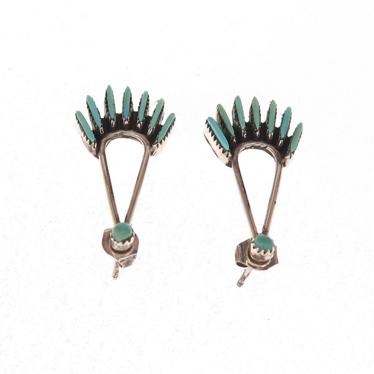 Old Pawn Sterling Silver Vintage Turquoise Needlepoint Tribal Dangle Earrings