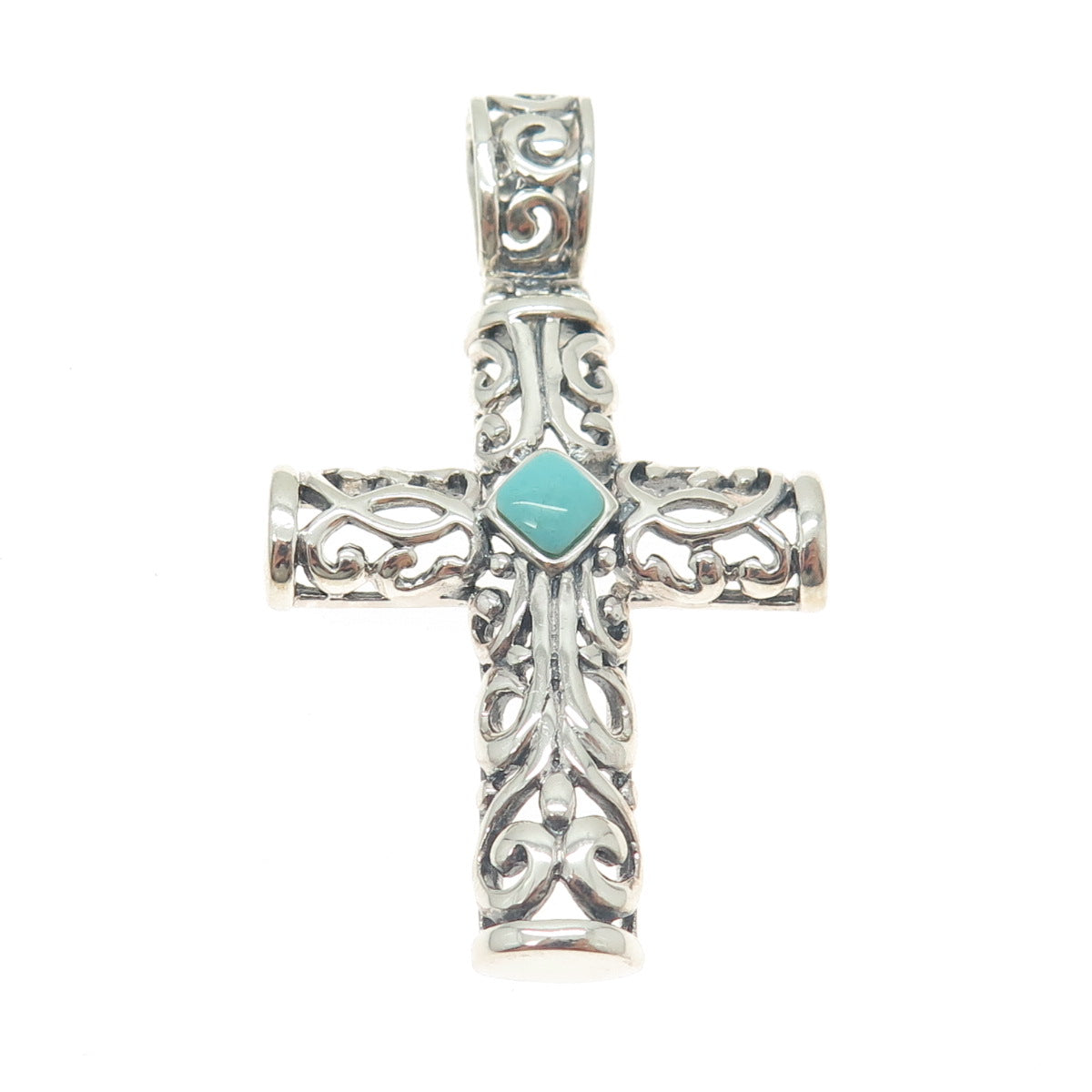 925 Sterling Silver Vintage Sleeping Beauty Turquoise Gem Ornate Cross Pendant