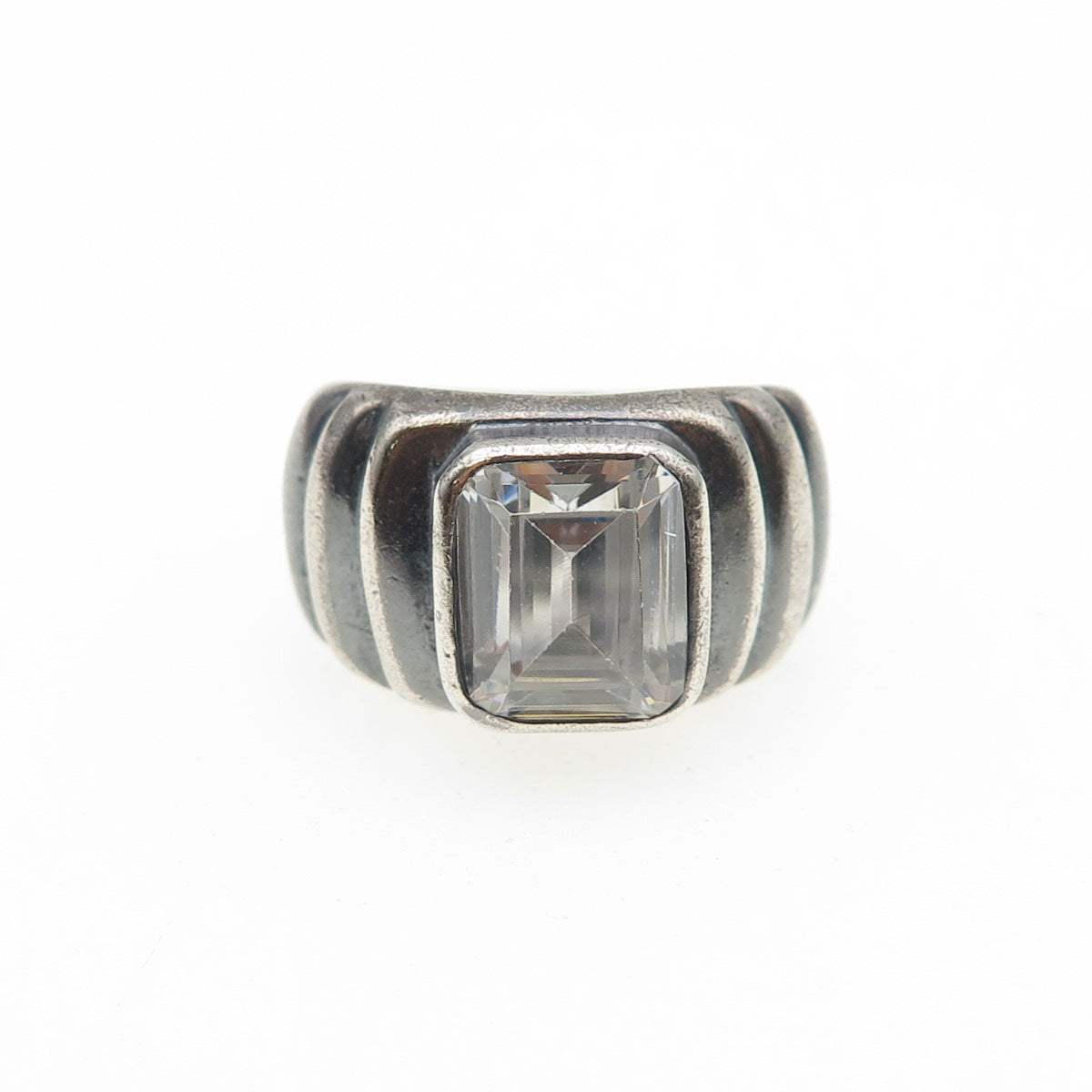 925 Sterling Silver Vintage Emerald-Cut C Z Modernist Oxidized Ring Size 6