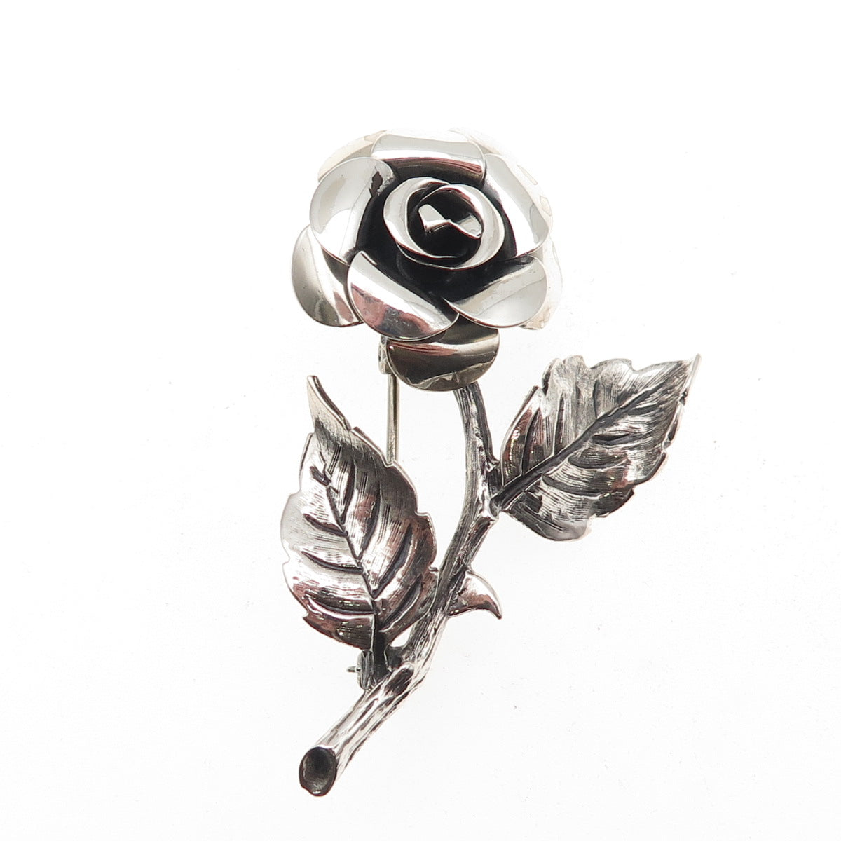 Beau 925 Sterling Silver Vintage Rose Flower Oxidized Pin Brooch