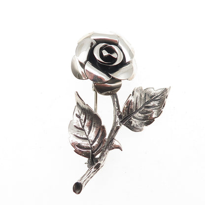 Beau 925 Sterling Silver Vintage Rose Flower Oxidized Pin Brooch