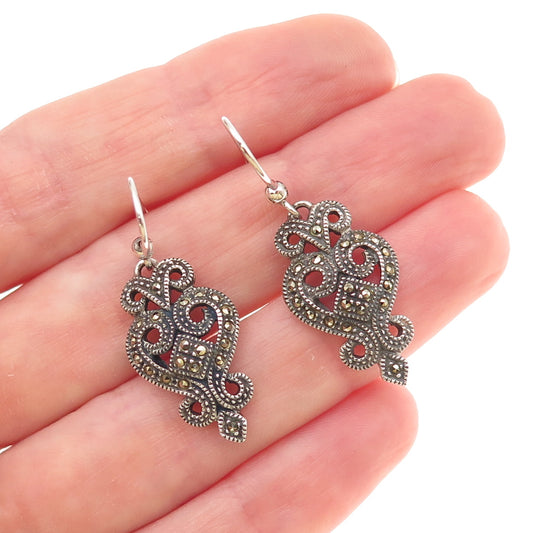 Judith Jack 925 Sterling Silver Vintage Real Marcasite Heart Dangle Earrings