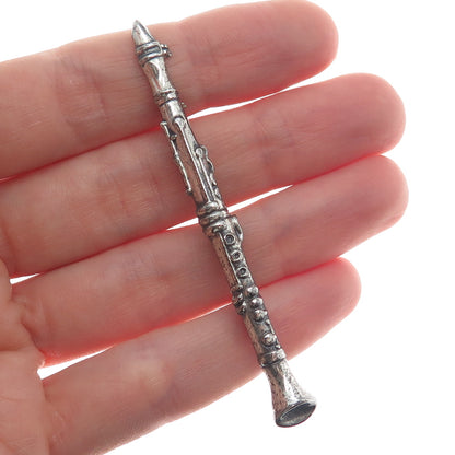BEAU 925 Sterling Silver Vintage Clarinet Musical Instrument Oxidized Pin Brooch