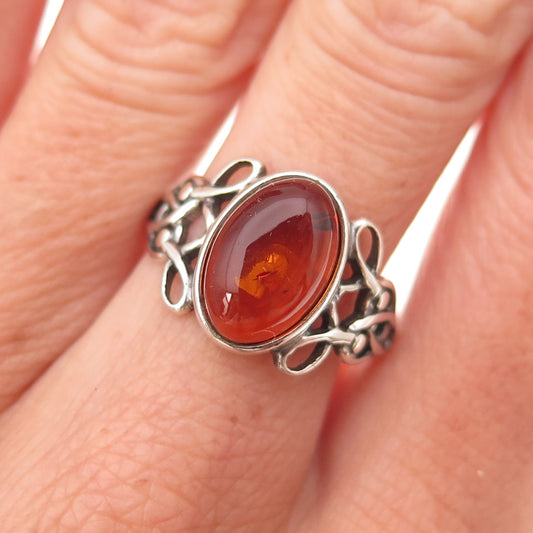 Or Paz PZ 925 Sterling Silver Vintage Poland Real Amber Oxidized Ring Size 8.25