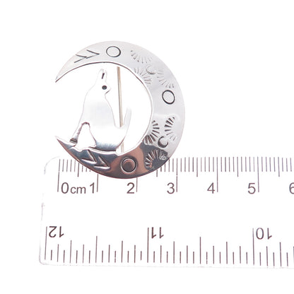 925 Sterling Silver Vintage Mexico Howling Wolf Crescent Moon Pin Brooch