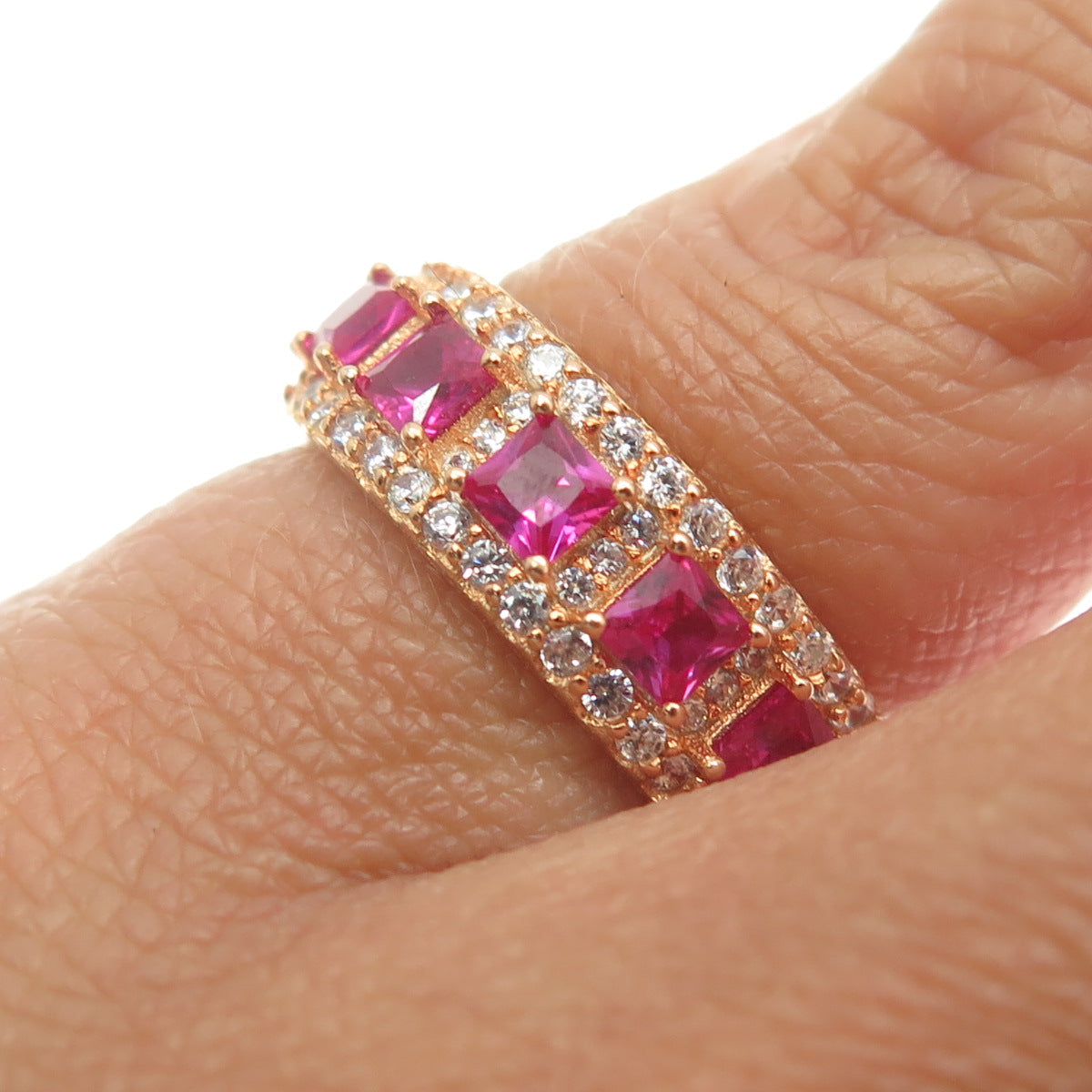 925 Sterling Silver Gold Plated Lab-Created Ruby & C Z Band Ring Size 5.25