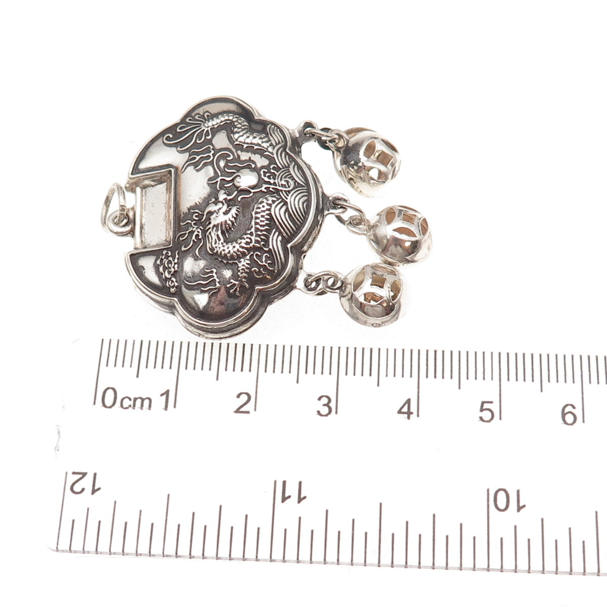990 Silver Antique Chinese Dragon Longevity Lock Chatelaine Pendant
