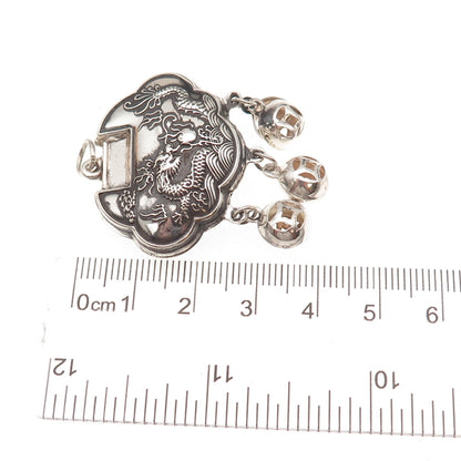 990 Silver Antique Chinese Dragon Longevity Lock Chatelaine Pendant