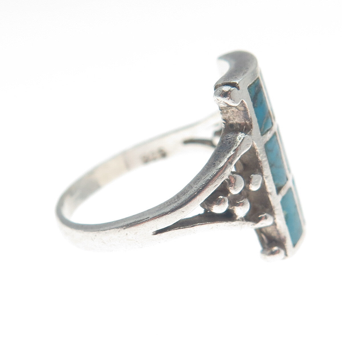 925 Sterling Silver Vintage Bisbee Turquoise Gem Checkerboard Ring Size 7.25