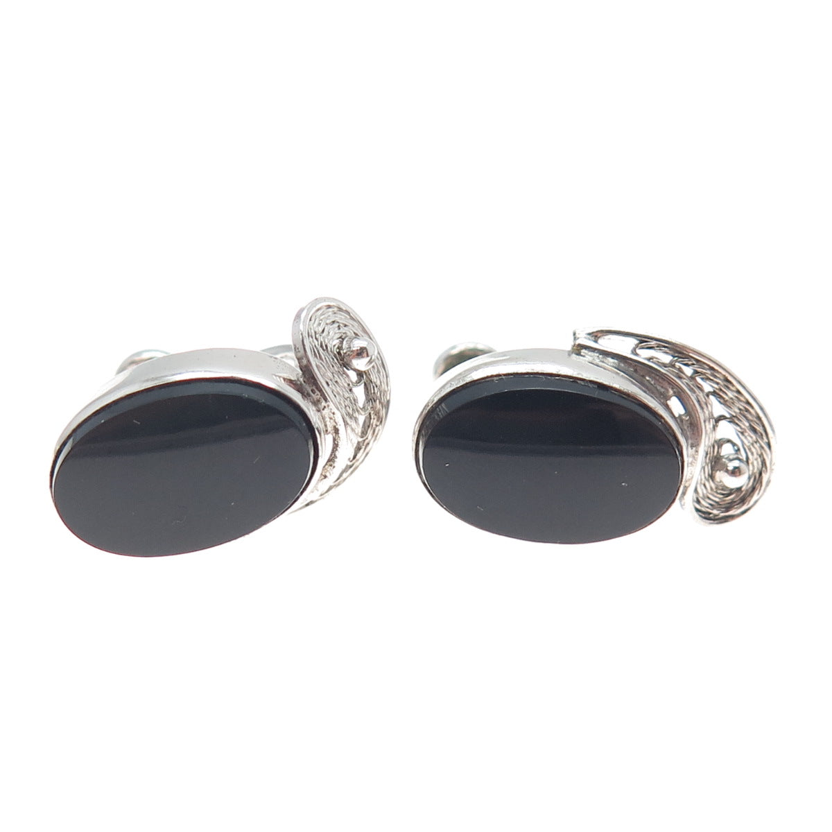 VAN DELL Sterling Silver Vintage Real Black Onyx Filigree Screw Back Earrings