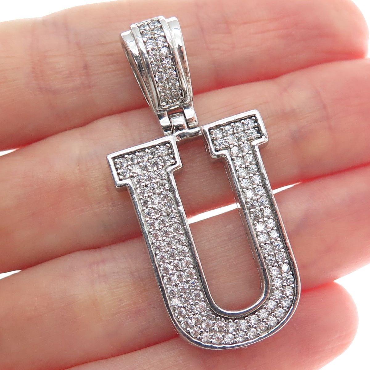 925 Sterling Silver Round-Cut Shaped C Z Letter U Initial Sparkle Pendant