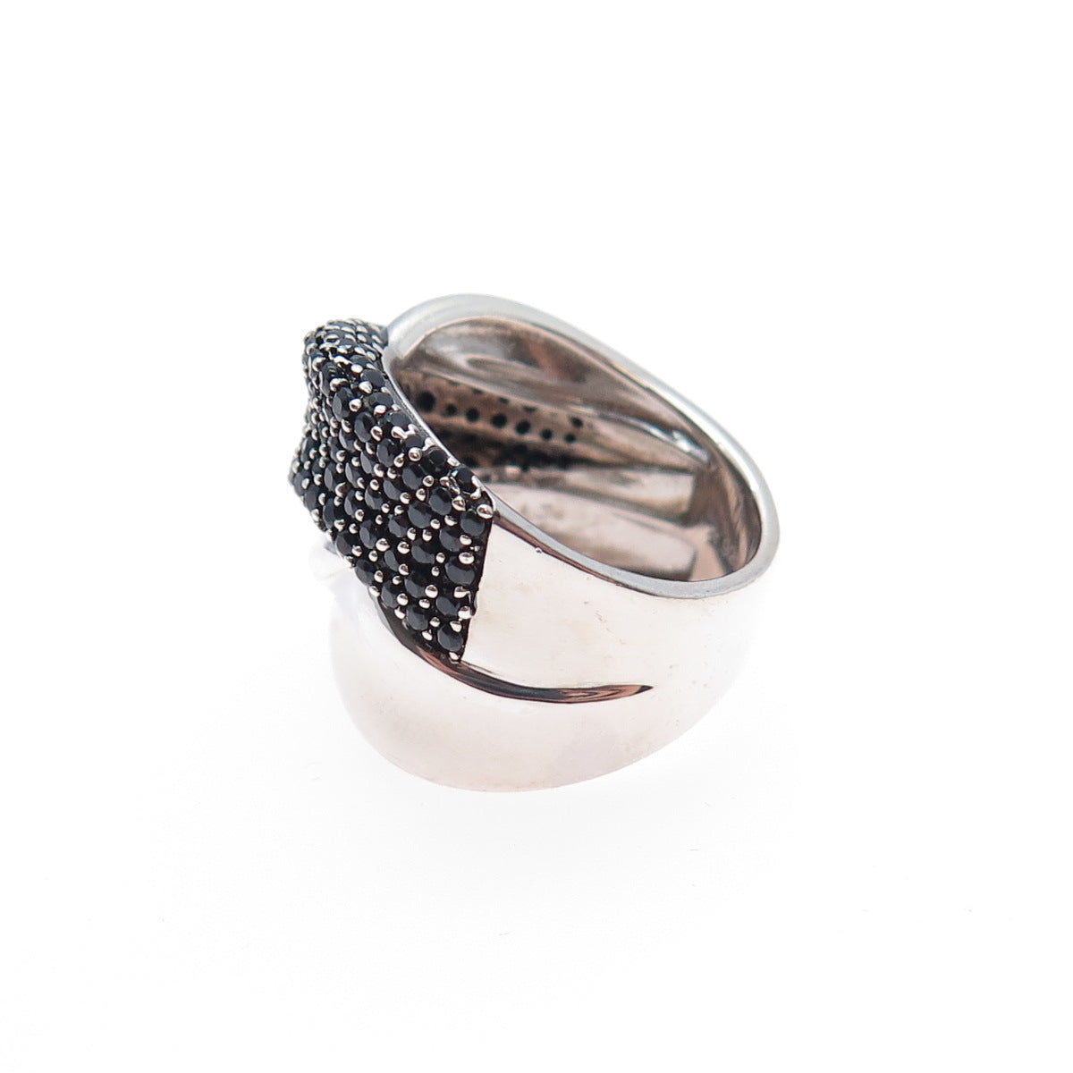 925 Sterling Silver Real Round-Cut Black Spinel Crisscross Ring Size 5