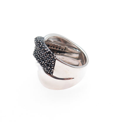 925 Sterling Silver Real Round-Cut Black Spinel Crisscross Ring Size 5