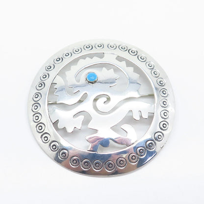 925 Sterling Silver Vintage Real Turquoise Gemstone Tribal Pin Brooch