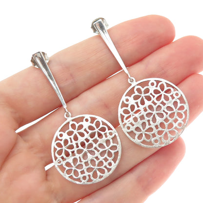 925 Sterling Silver Vintage Flower Disc Dangle Earrings