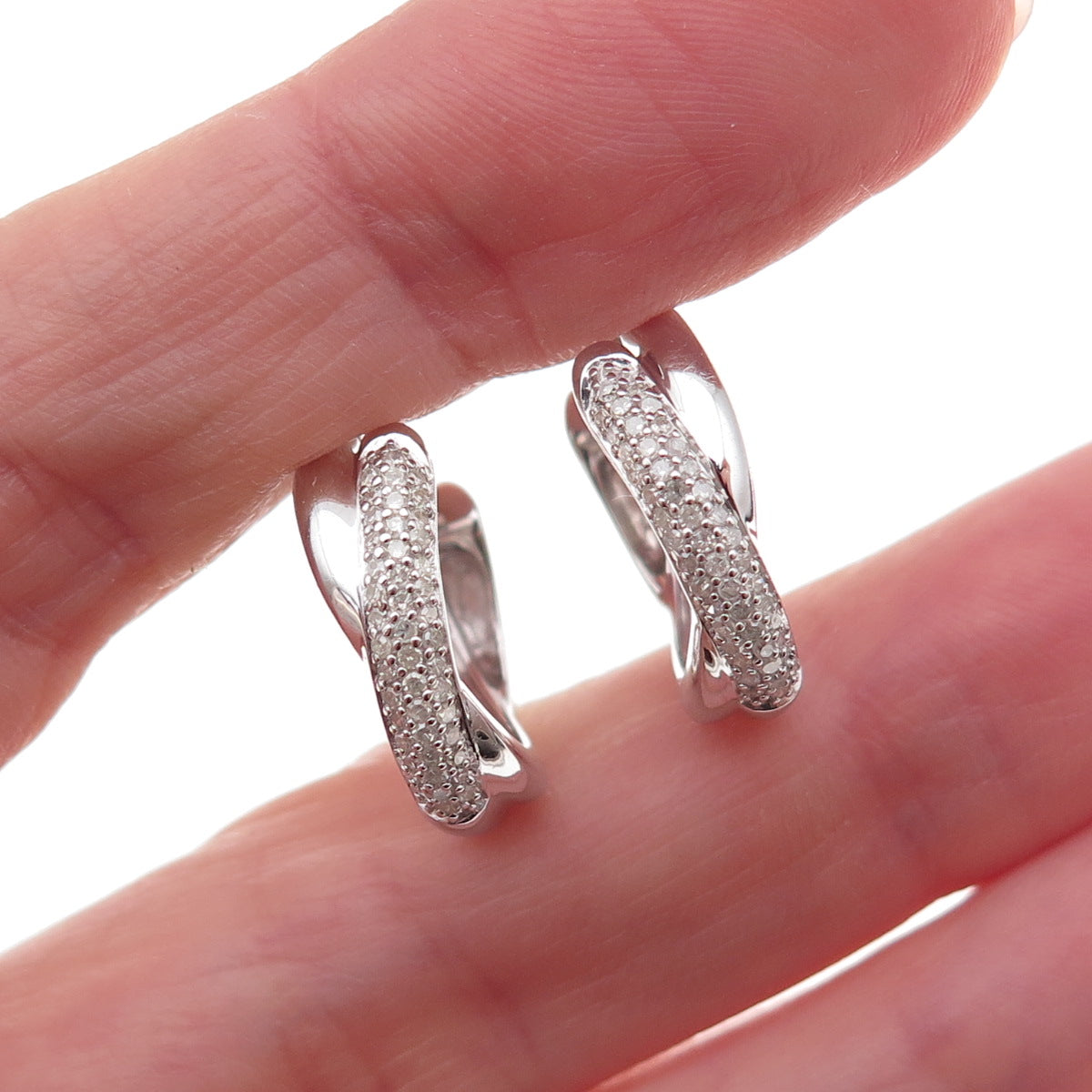 925 Sterling Silver Real Round-Cut Diamond Crisscross Hoop Earrings