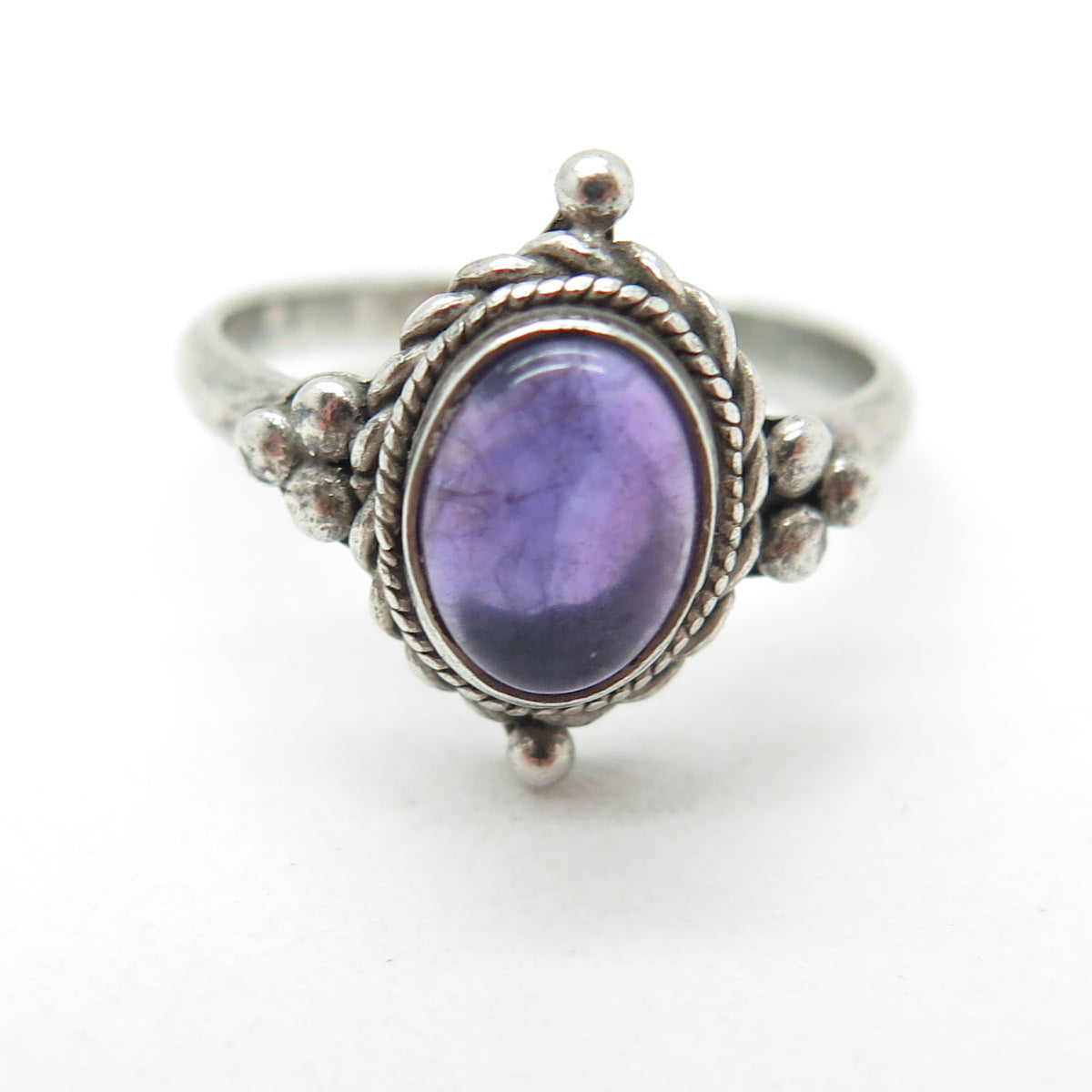925 Sterling Silver Vintage Real Cabochon Amethyst Oxidized Ring Size 5.75