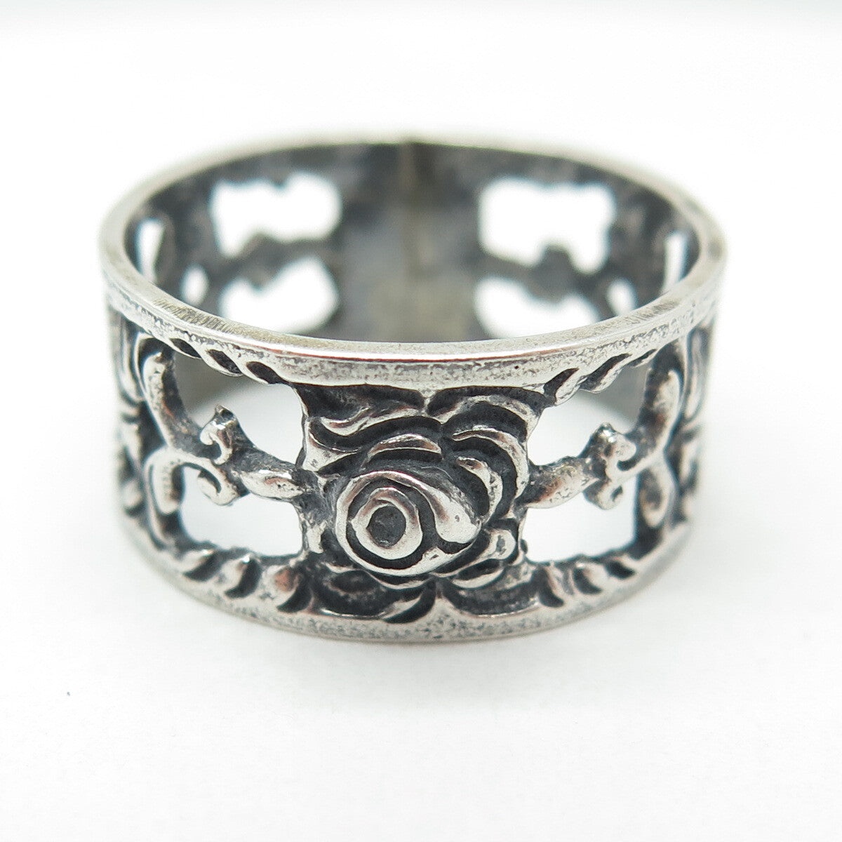 ALBO 835 Silver Vintage Rose Flower Oxidized Band Ring Size 9