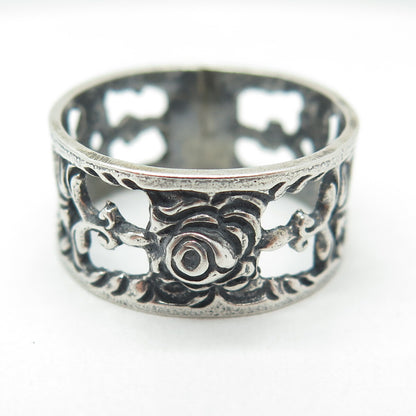 ALBO 835 Silver Vintage Rose Flower Oxidized Band Ring Size 9