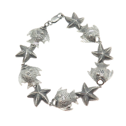 925 Sterling Silver Vintage Fish & Starfish Link Bracelet 7.75"