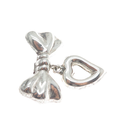 925 Sterling Silver Vintage Mexico Bow Open Heart Dangle Oxidized Brooch/Pendant