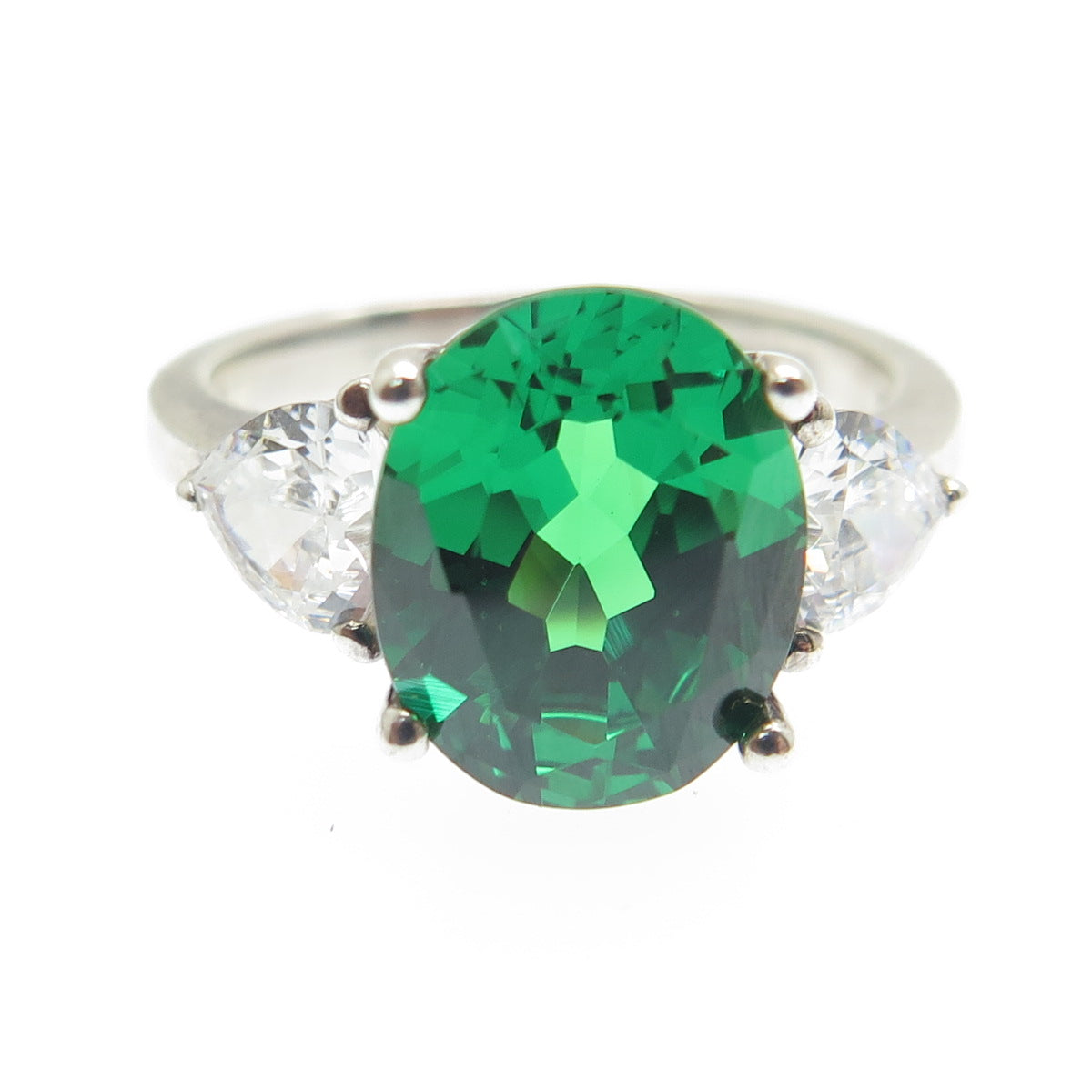 925 Sterling Silver Oval-Cut Green & Heart-Cut White C Z Ring Size 7.25