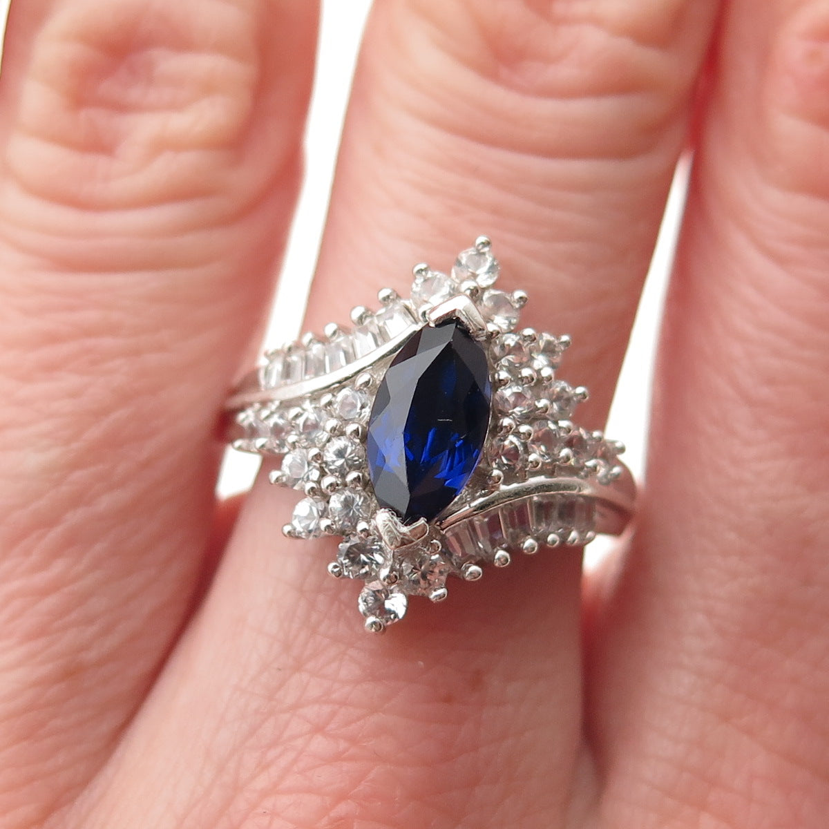 JH YOUNG 925 Sterling Silver Real White Topaz & Lab-Created Sapphire Ring Size 7