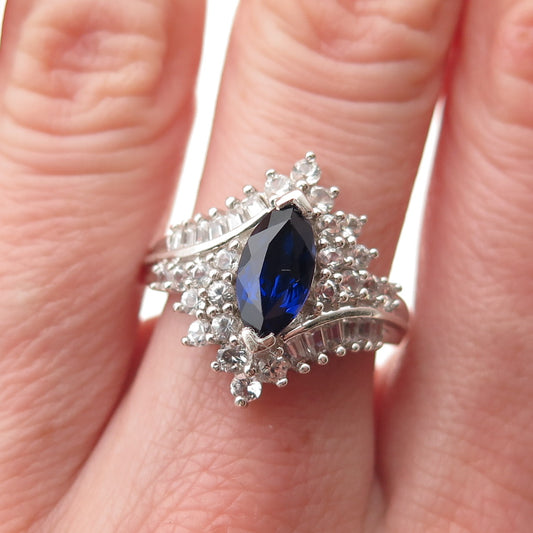 JH YOUNG 925 Sterling Silver Real White Topaz & Lab-Created Sapphire Ring Size 7