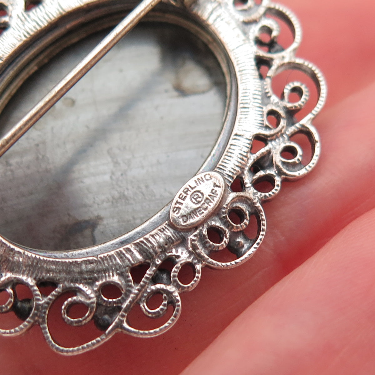 Danecraft 925 Sterling Silver Antique Art Deco Real Hematite Oxidized Pin Brooch