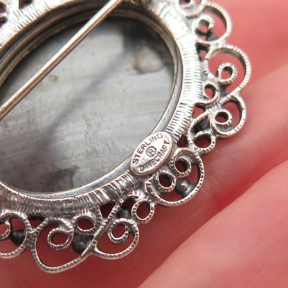 Danecraft 925 Sterling Silver Antique Art Deco Real Hematite Oxidized Pin Brooch